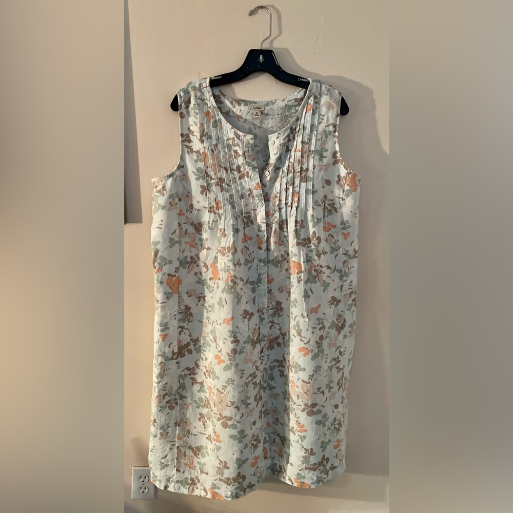 Linen LL Bean Summer Dress Mint Floral Size 18